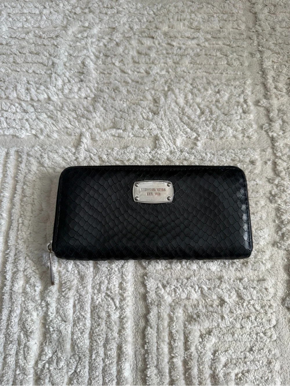 Michael Kors Black Textured Zip Wallet with Silver Logo Plaque